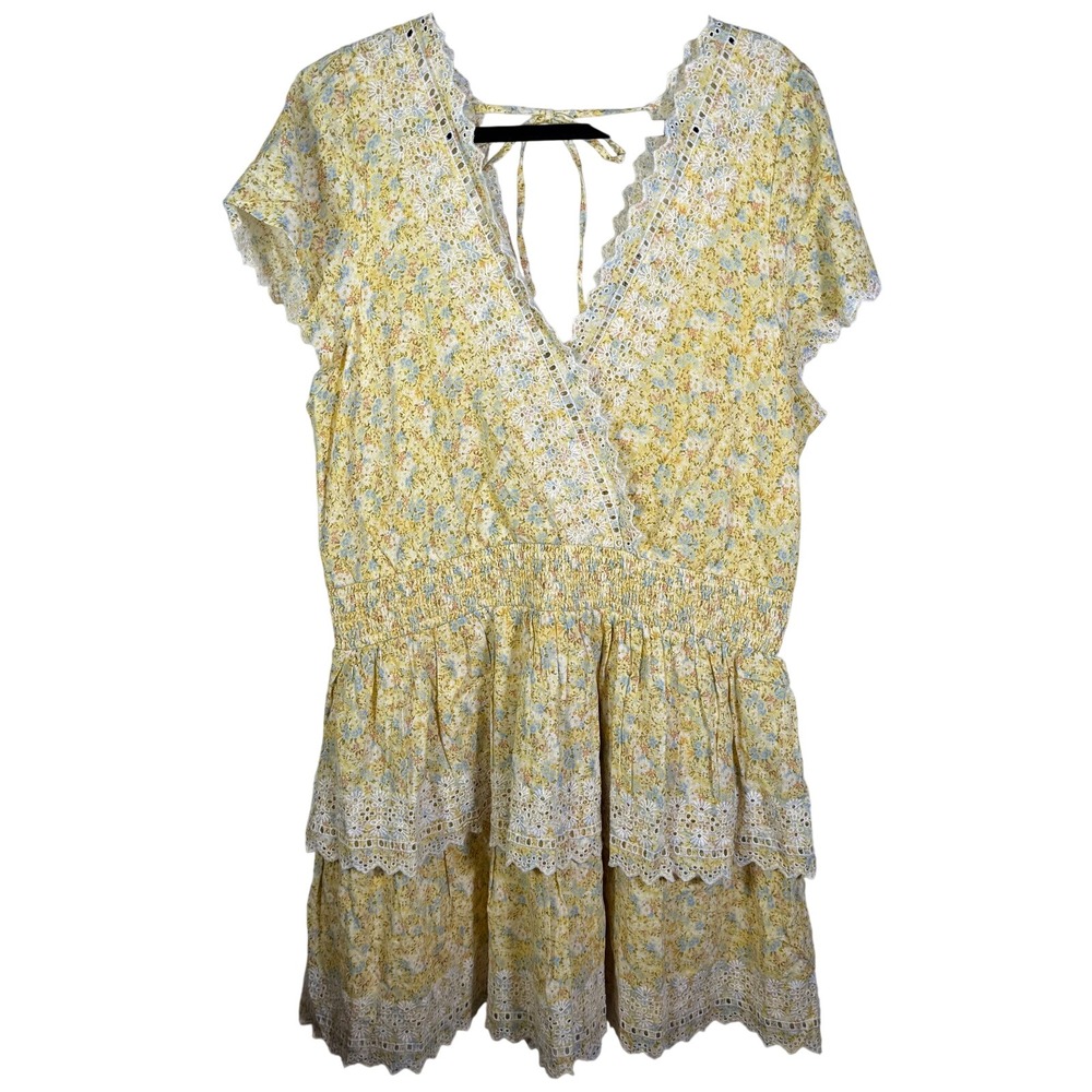 American Eagle Yellow Floral Eyelet Lace Tiered Mini Dress XXL 0395-6669